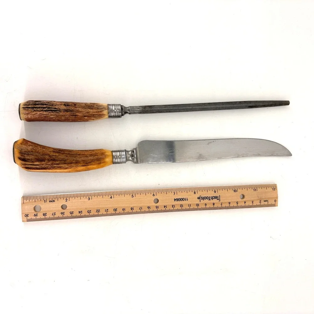 Vintage Sheffield England Stag Handle Carving Knife‎ & Honing Steel Set